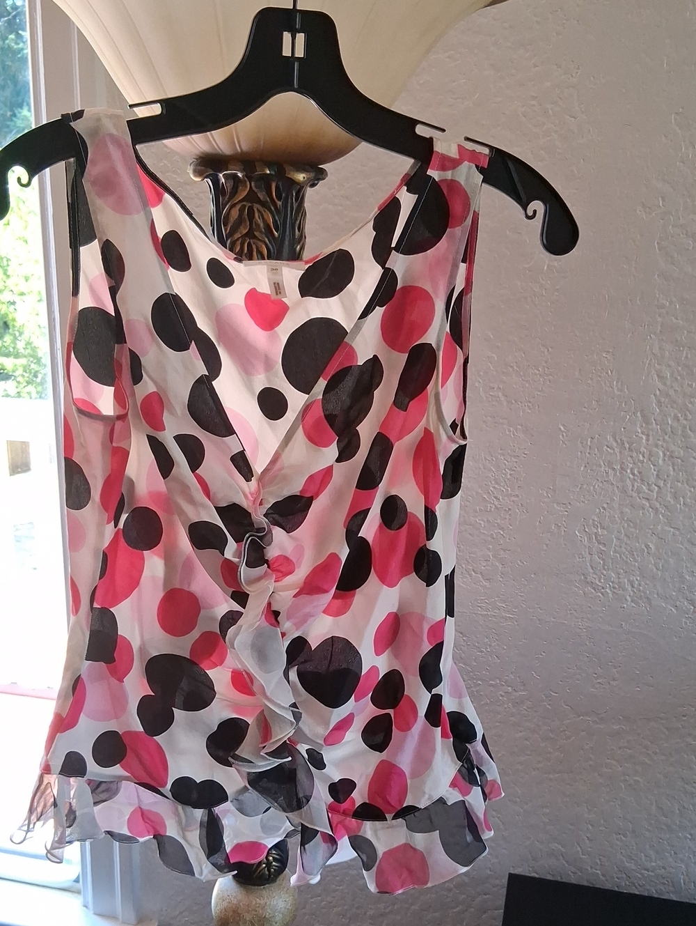 Escada Pink, Black and White Polka Dot Ruffle Camisole